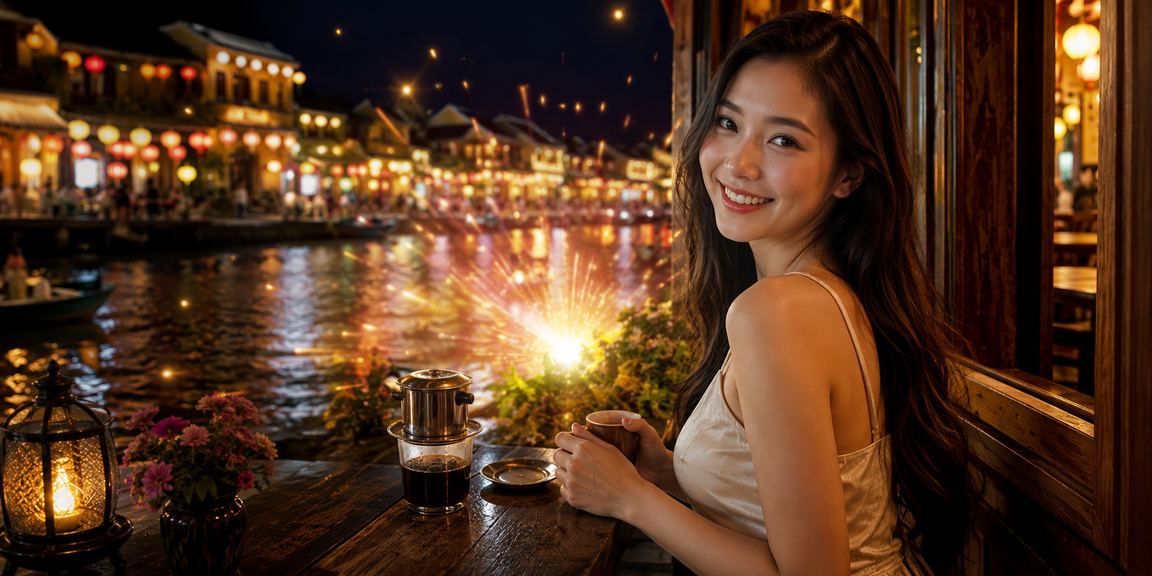 Người dùng Hội An kiểm tra ví điện tử và giao dịch tài chính tại quán cà phê